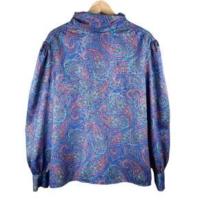 80s Vintage Gay Boyer Blouse Top 16 Blue Purple Paisley Satin Button Back USA